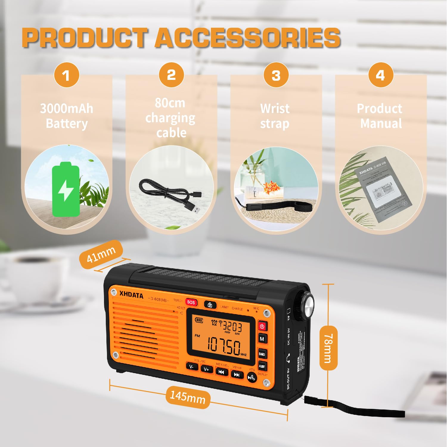 XHDATA Rádio de emergência D608WB, rádio meteorológico com